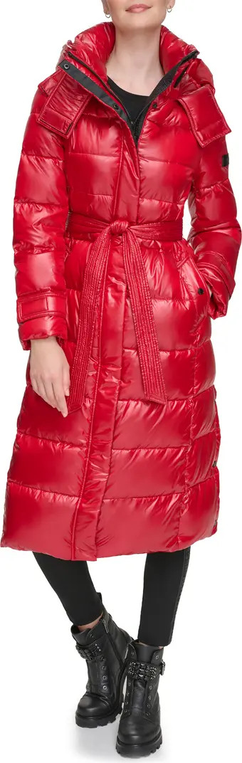 Karl Lagerfeld Paris Contrast Belted Longline Down & Feather Fill Puffer Jacket | Nordstrom | Nordstrom