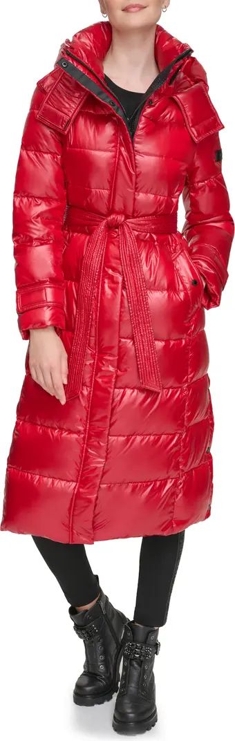 Karl Lagerfeld Paris Contrast Belted Longline Down & Feather Fill Puffer Jacket | Nordstrom | Nordstrom