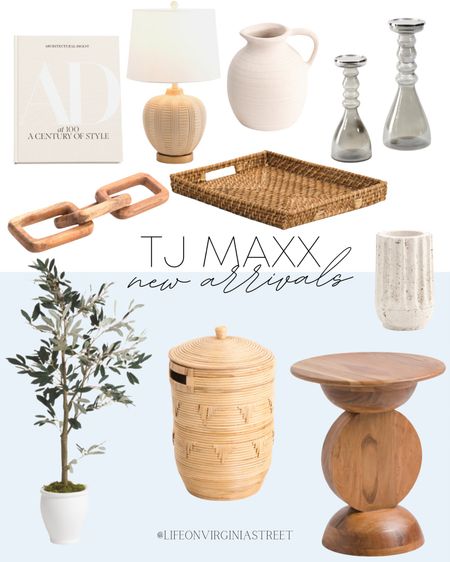 TJ Maxx does it again! I am so excited to share their new arriva s with you! I love being able to find designer looks for less and TJ Maxx always delivers that!

Olive tree, wicker basket, wooden side table, white vase, white pitcher, glass candie holder, wicker tray, table lamp, coffee table books, wood chain

#LTKfindsunder100 #LTKhome #LTKstyletip