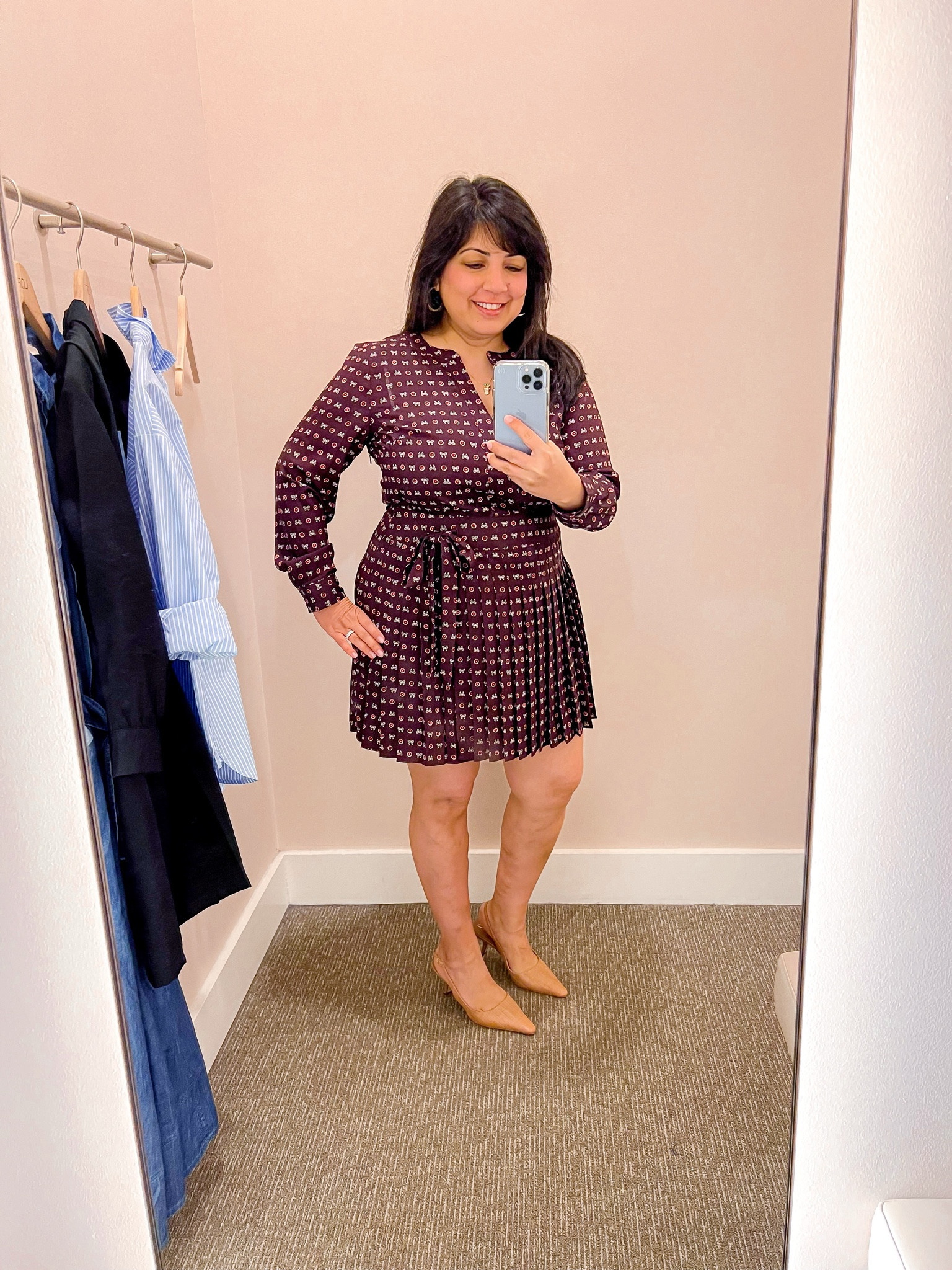 Loft Sale! Extra 50% off sale styles + an extra 20% of your $150+ purchase! Isn’t this the cutest pleated mini dress?! Perfect fall outfit for workwear. Wearing it here in size 12 petite. Sam Edelman sling back heels true to size. Kendra Scott gold hoop earrings. Electric Picks necklace. 

#LTKWorkwear #LTKMidsize #LTKFindsUnder50