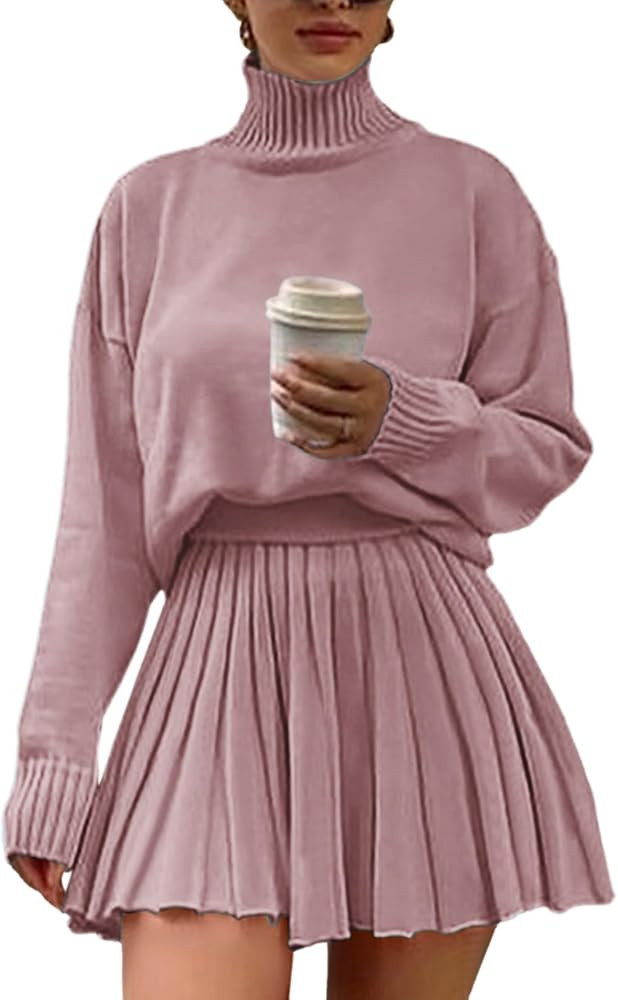 Women's 2 Piece Outfits Turtleneck Long Sleeve Oversized Pullover Sweaters and Pleated Mini Skirt... | Amazon (US)