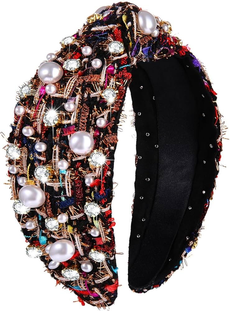 NVENF Christmas Headbands for Women Pearl Crystal Knotted Headband Rhinestone Embellished Jeweled... | Amazon (US)