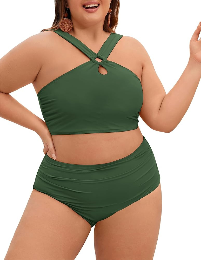 Hanna Nikole Bikini Sets for Women Plus Size Halter Ring Swimsuits Ruched Tummy Control Swimwear | Amazon (US)