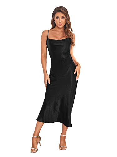 Women's Spaghetti Strap Midi Satin Silk Dresses Slip Cowl Neck Party Cocktail Evening Dress Black | Amazon (US)