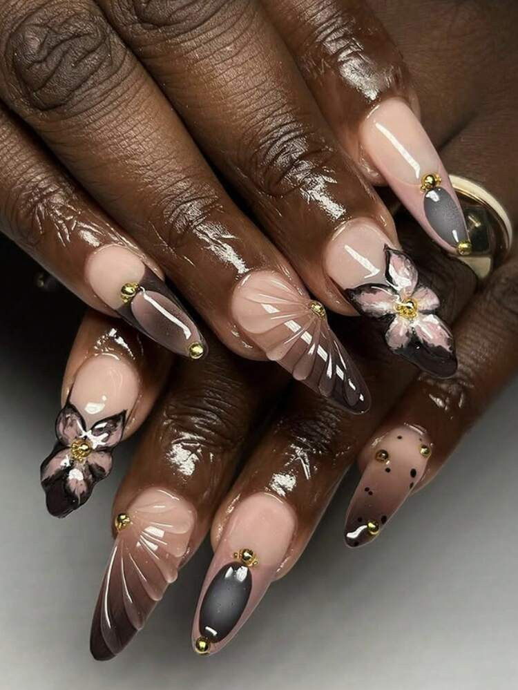 Pure Handmade Nails 3D Nails Maillard Fall Nails Autumn Brown Nails French Nails 3D Flower Nails Long Almond Press On Nails False Nails For Girl Women | SHEIN