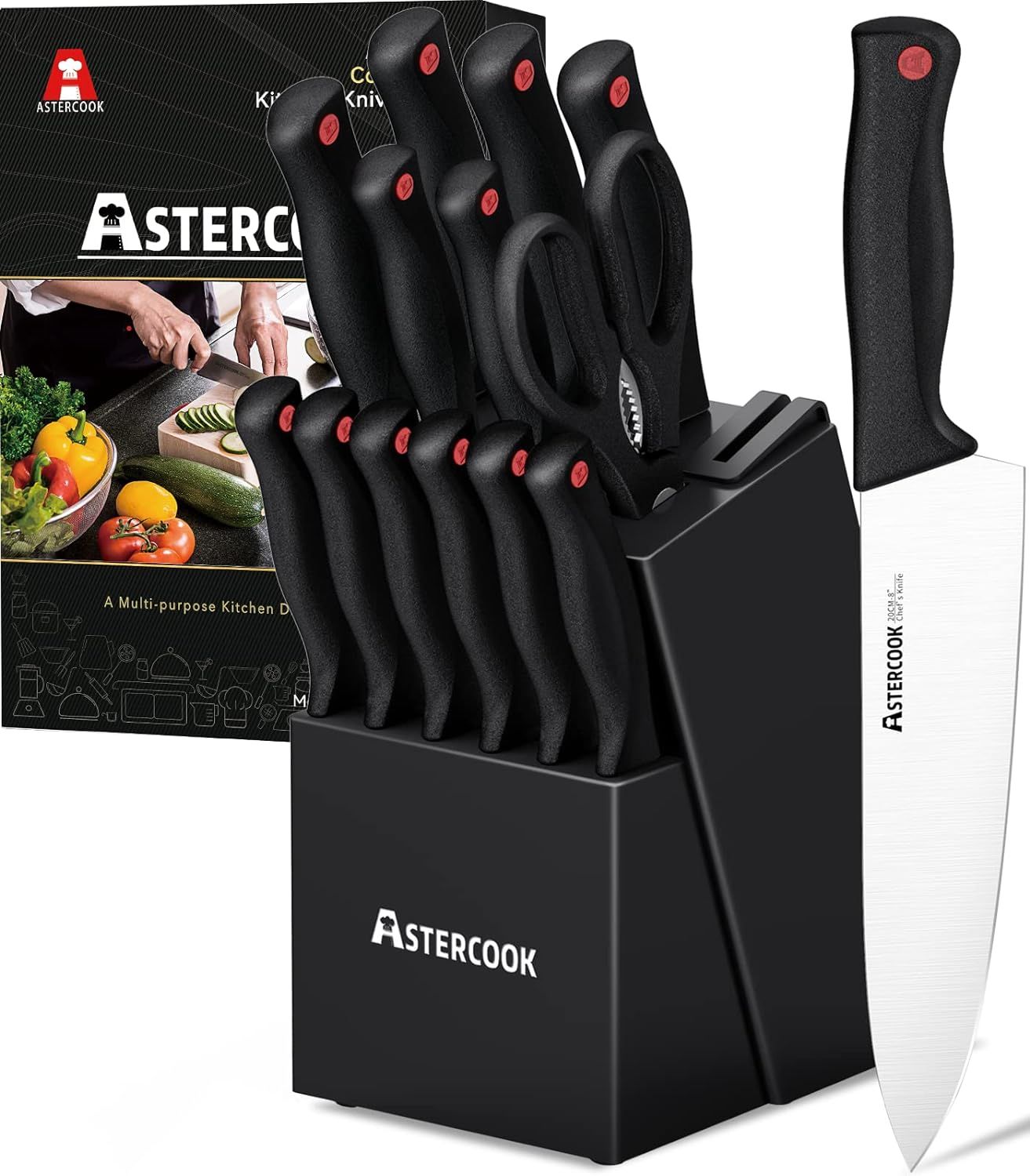 Astercook 15-Piece Knife Set with Built-in Sharpener, Dishwasher Safe High Carbon Stainless Steel... | Amazon (US)