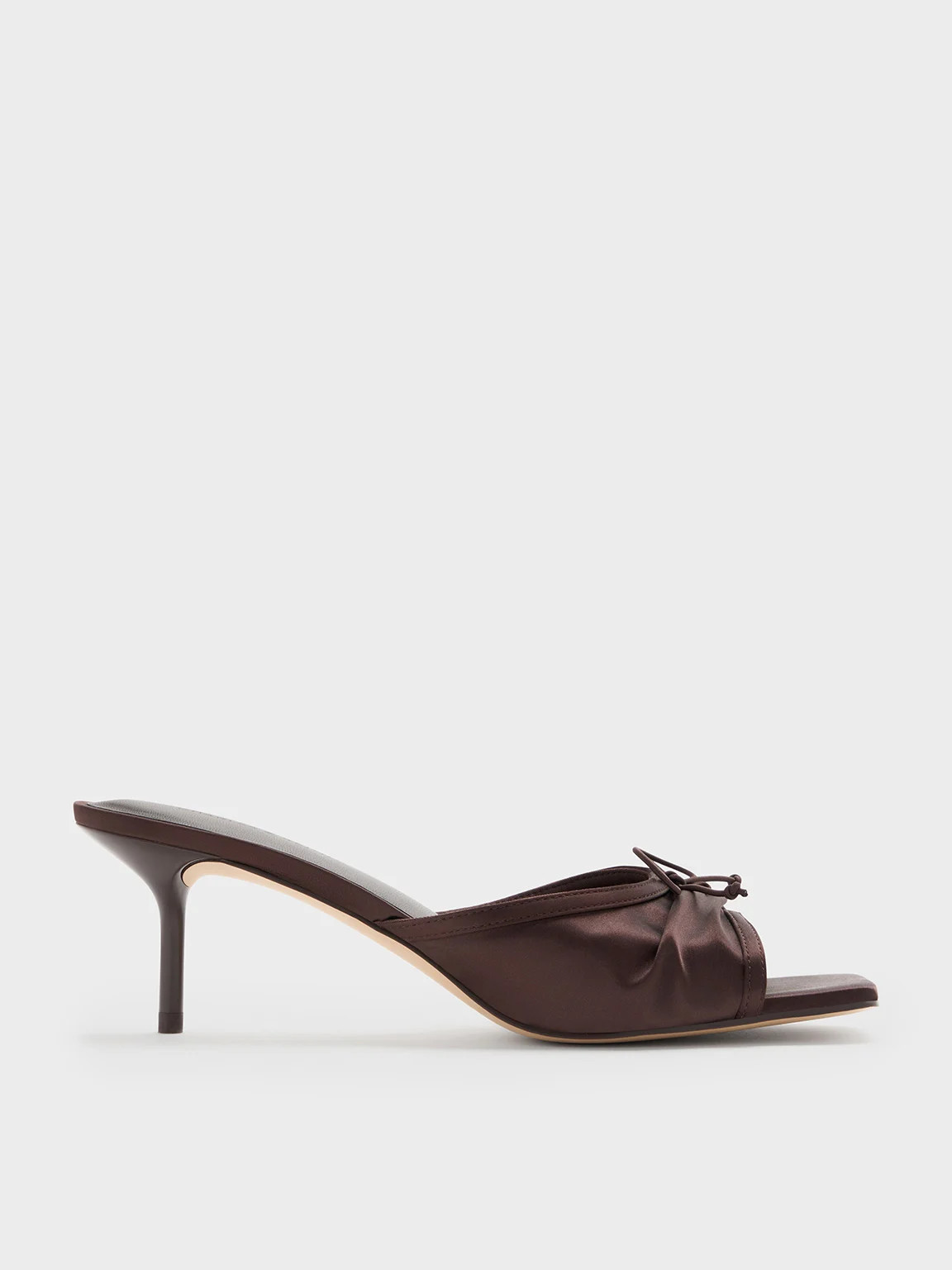 Satin Ruched Bow Heeled Mules
    
         - Dark Brown | Charles & Keith US