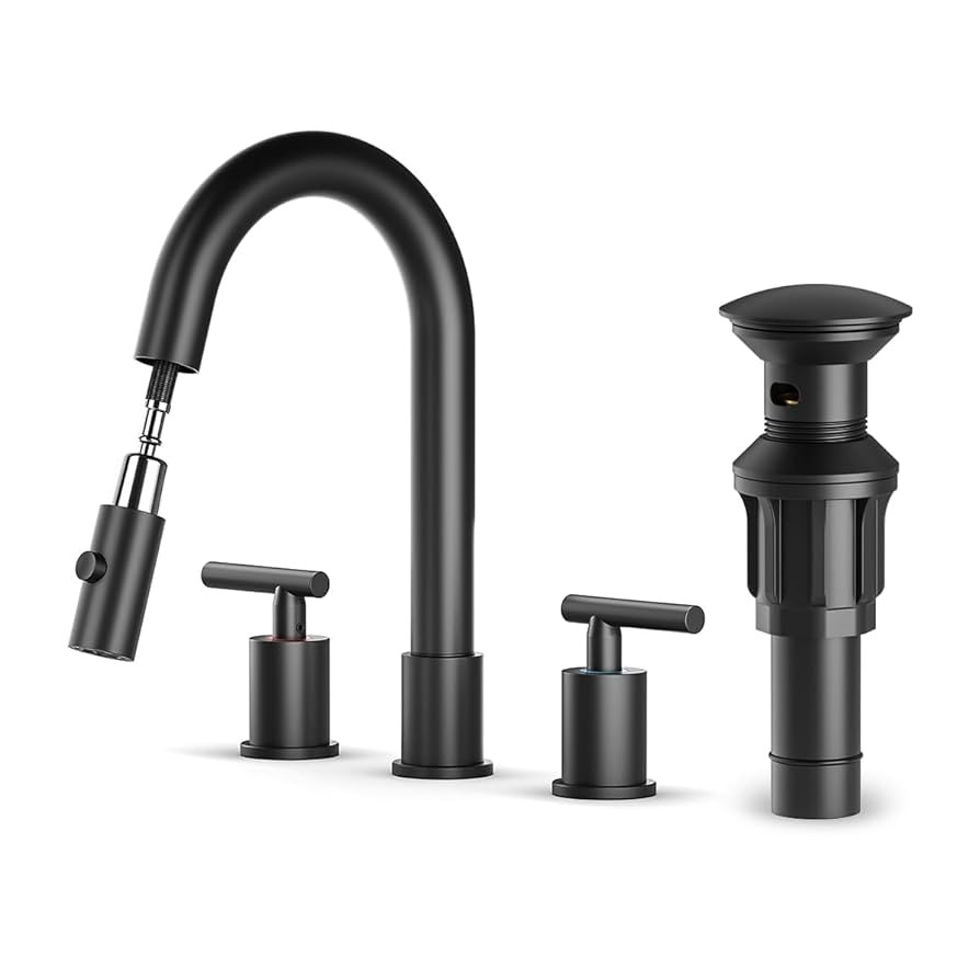 Grifo de baño extraíble negro mate con drenaje emergente, grifo de baño de 8 pulgadas de ancho... | Amazon (US)