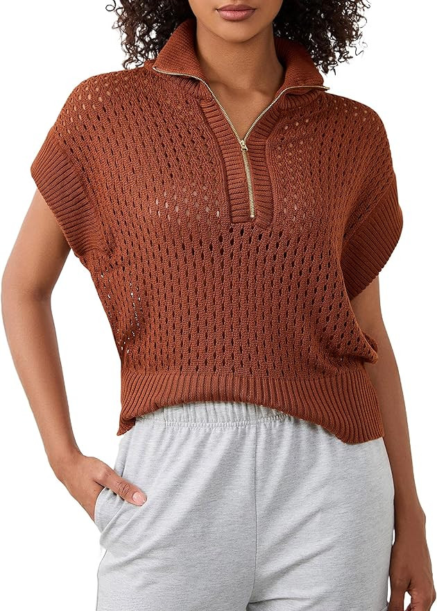 Womens Oversized Crochet Sweater Quarter Zip Cap Sleeve Tops Lightweight Hollow Out Spring Sweate... | Amazon (US)