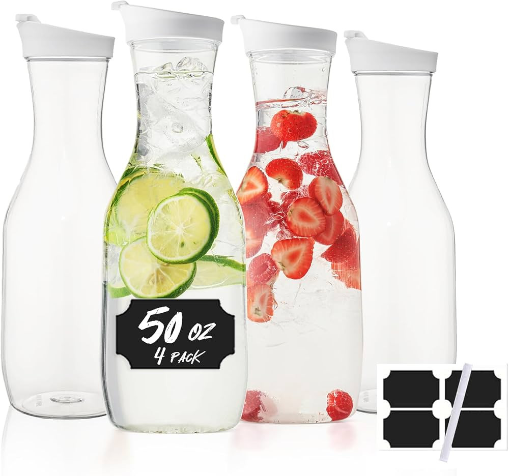 Water Carafe with Lid, 50 Oz Round Plastic Pitcher for Drinks, Milk, Mimosa Bar Supplies, Iced Te... | Amazon (US)