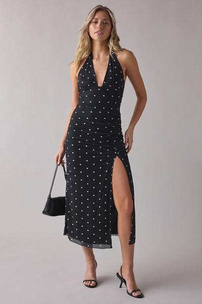 UO Deep Plunge Halter Ruched Mesh Midi Dress | Urban Outfitters (US and RoW)