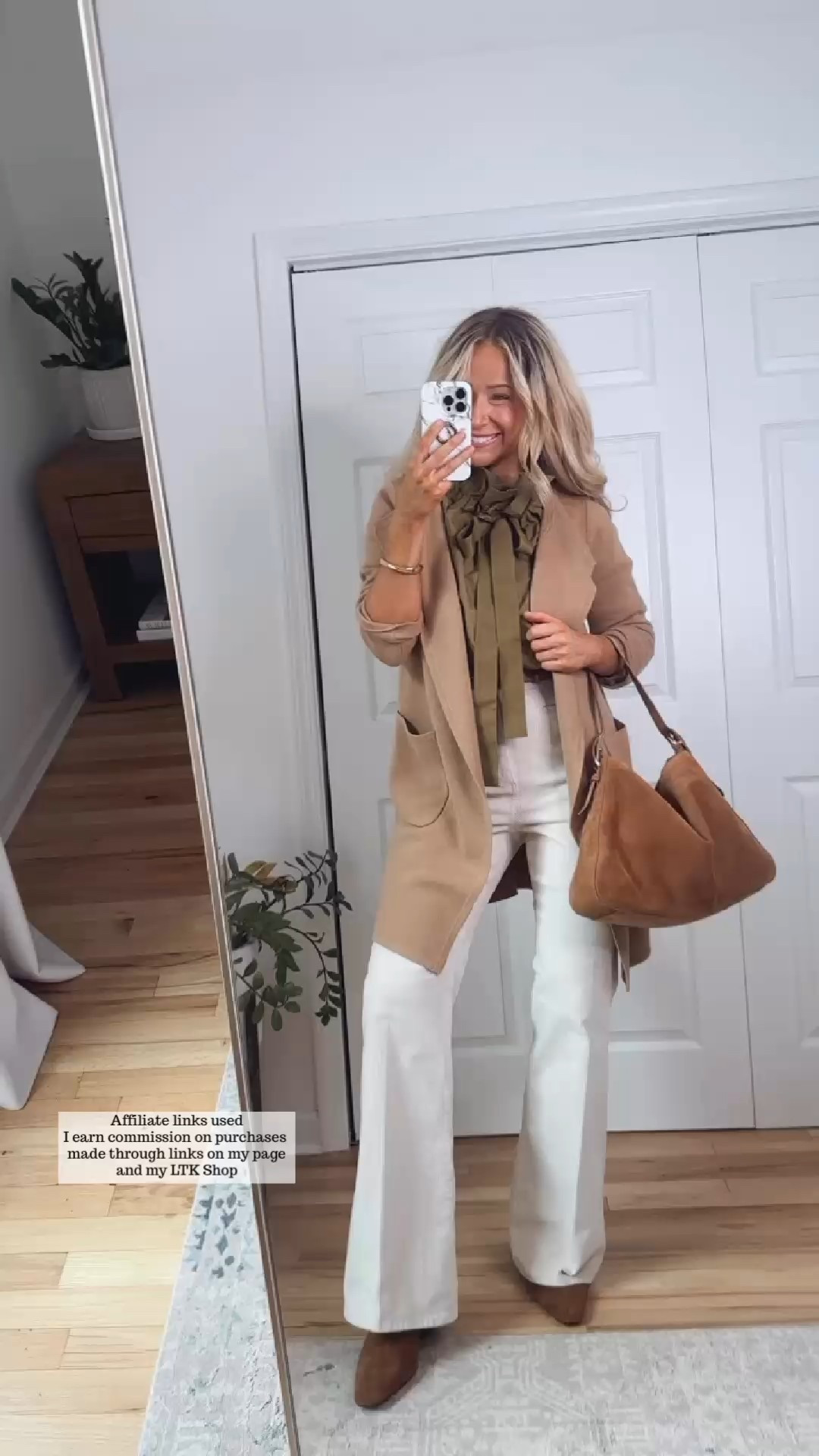 Fall fashion

Unique fall top
Long camel cardigan sweater
Ecru corduroy pants flare leg
Suede accessories
Ankle boots brown