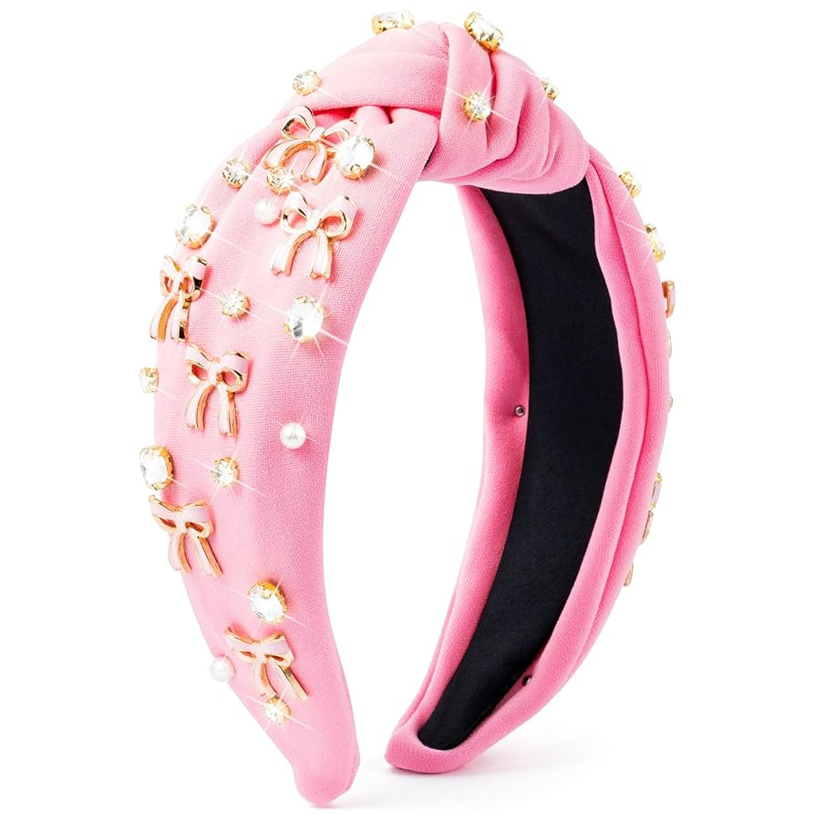PANTIDE Coquette Pink Bow Jeweled Knotted Headband - Rhinestone Crystal Pearl Embellished Preppy ... | Amazon (US)