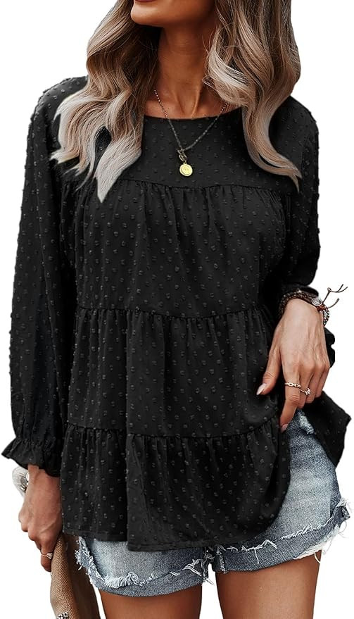 PRETTYGARDEN Women's Summer Loose Chiffon Blouse Mesh Long Sleeve Casual Round Neck Peplum Tops | Amazon (US)
