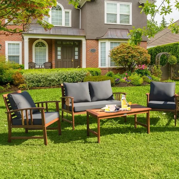 4 Pcs Wooden Patio Furniture Set Table Sofa Chair Cushioned Garden (Set of 4) | Wayfair North America