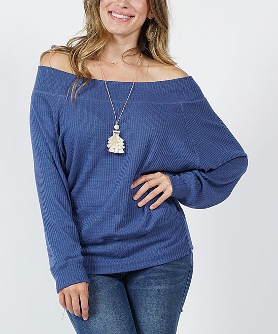42POPS Women's Tunics DENIM - Denim Blue Waffle-Knit Off-Shoulder Dolman Tunic - Plus | Zulily
