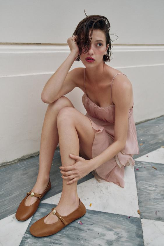 Zara - Leather Ballet Flats With Metal Appliqué - Brown - Au 6½ - Eu 37 - Woman | Zara AU