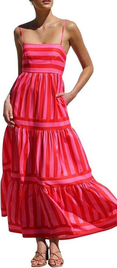 Striped Spaghetti Strap Maxi Sundresses Boho Sleeveless Backless Flowy Long Dress Women Summer Be... | Amazon (US)