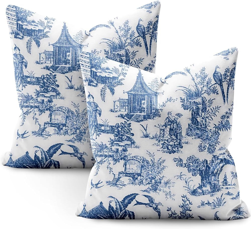 SMF Chinoiserie Pillow Covers 18x18 Set of 2 Modern Flower and Bird Linen Throw Pillows Chinoiserie  | Amazon (US)