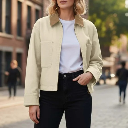 HOWPAY Barn Jackets for Women Zip up Cropped Lapel Collar Long Sleeve Coats with Pockets Vintage Solid Color Casual Outerwear Fall Winter Clothes Beige L | Walmart (US)