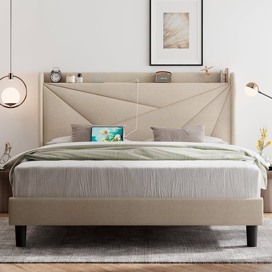 Feonase King Bed Frame, Upholstered Platform Bed Frame with Type-C & USB Ports, Wingback Shelf, S... | Amazon (US)