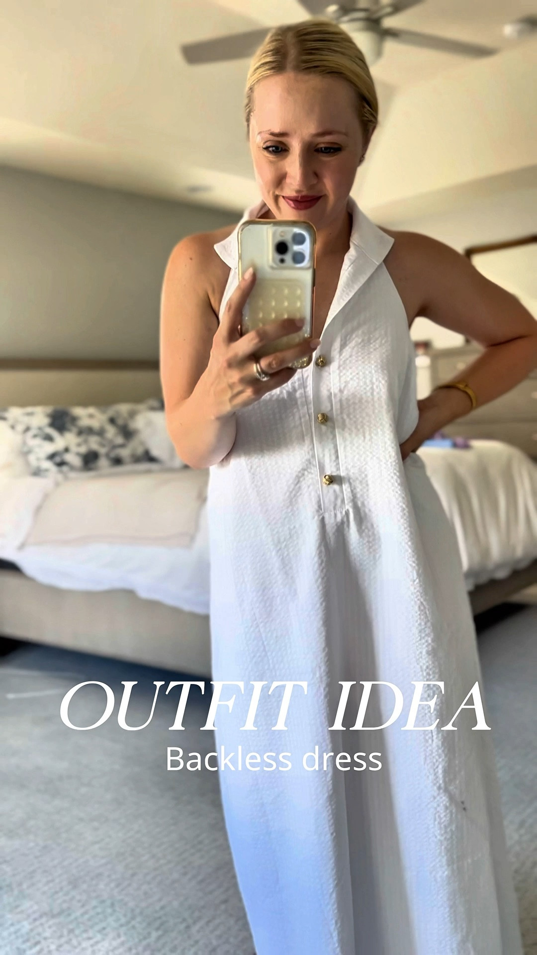 This dress is so pretty with an open back and collar style! I sized down one size to xs. This dress is light and has a classic feeling with a gold button front. As a petite, this white dress is a midi length. 

Summer dress, white dress, Tuckernuck, capsule wardrobe 

#LTKPetite