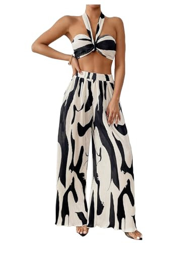 OYOANGLE Women's 2 Piece Outfits Graphic Print Knitted Crop Halter Top and Wide Leg Pants Set | Amazon (US)