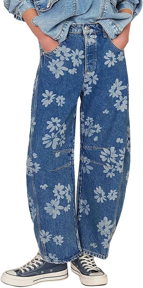GGUHHU Distressed Barrel Jeans for Women Y2K Wide Leg Baggy Denim Pants Boyfriend Floral Trousers | Amazon (US)
