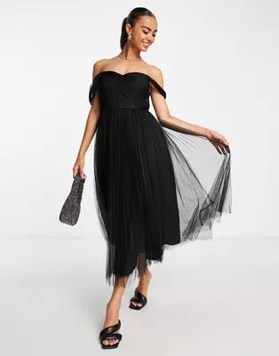 ASOS DESIGN off shoulder tulle midi dress with tie back and pleated skirt in black | ASOS (Global)