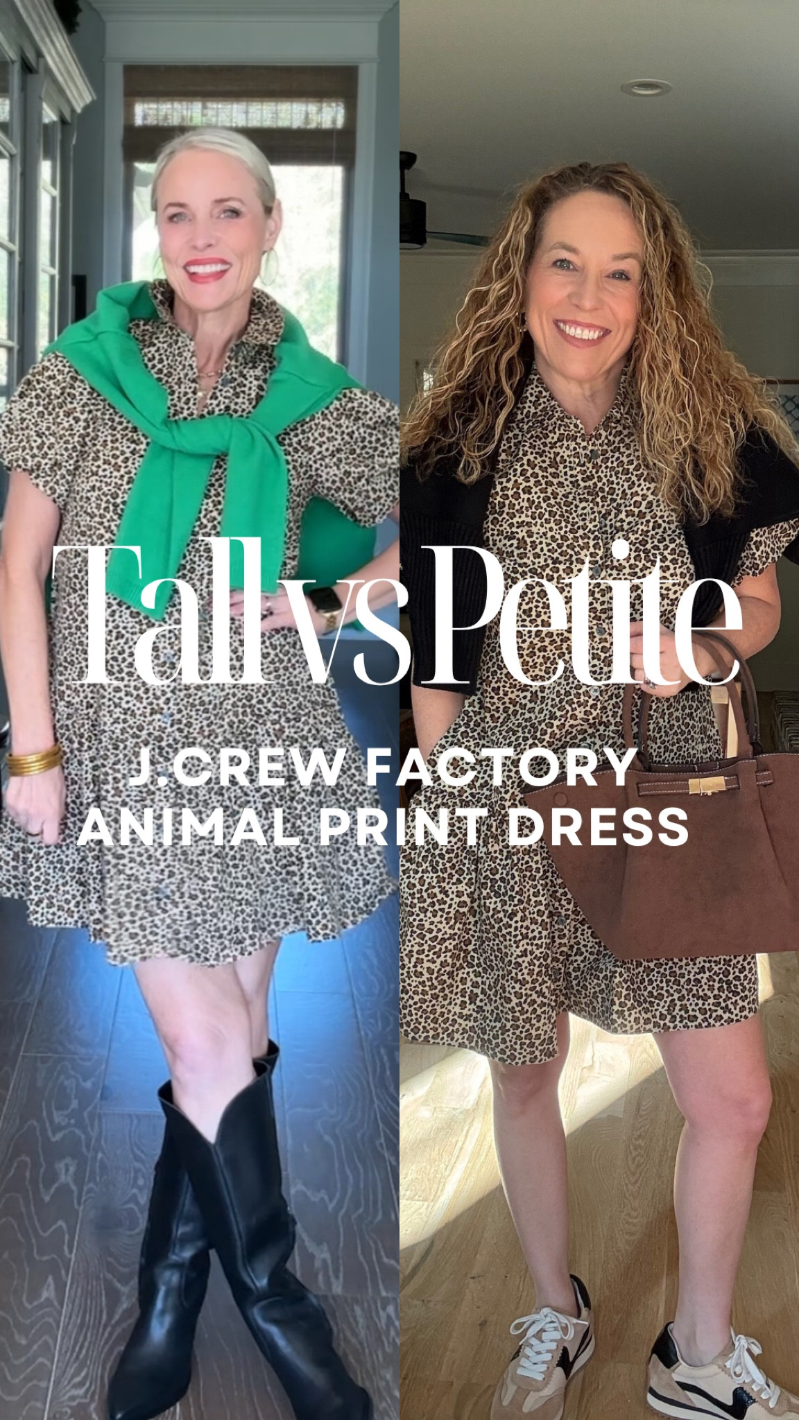 We’re back with another Tall vs. Petite Style Series, showing how this adorable J.Crew Factory animal print mini dress works on both of us! This one is perfect for year-round style — just add booties for fall or sandals for spring! 🤍

Lauren (5’8”) is wearing a size 8
Leslie (5’1”) is wearing a size 2

Make sure to follow both of us to see how some of our favorite pieces work on different heights — because style has no size! 

Would you style this one now or save it for fall? Let us know below! ⬇️

#TallVsPetite 
#MidlifeStyle
#StyleAtEveryHeight 
#JCrewStyle
#outfitinspo
#laurenoggsgee
#over50style 
#lookalike
#shopltk
#ltkover50
#lookforless
#getyourcolonoscopy


#LTKOver40 #LTKFindsUnder50 #LTKWatchNow