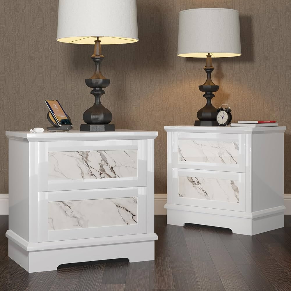 AMERLIFE Luxury Natural Marble Nightstand Set of 2 with Drawers, High Gloss Side Tables in Living... | Amazon (US)