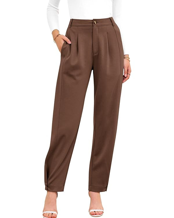 BTFBM Women's 2025 Casual Button Down Pants Elastic High Waist Business Work Trousers Long Straig... | Amazon (US)