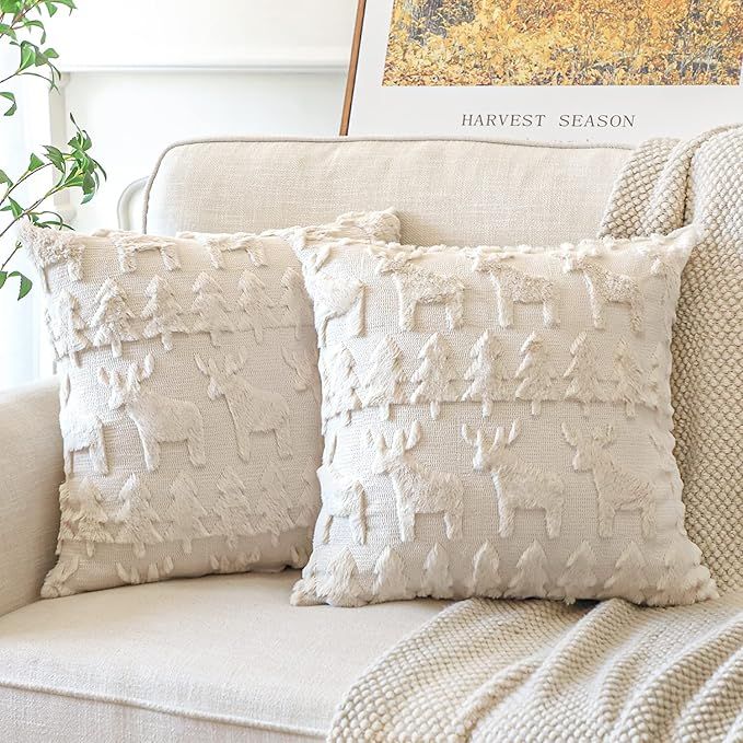 OTOSTAR Set of 2 Xmas Soft Plush Short Wool Velvet Decorative Throw Pillow Covers Square Luxury S... | Amazon (US)