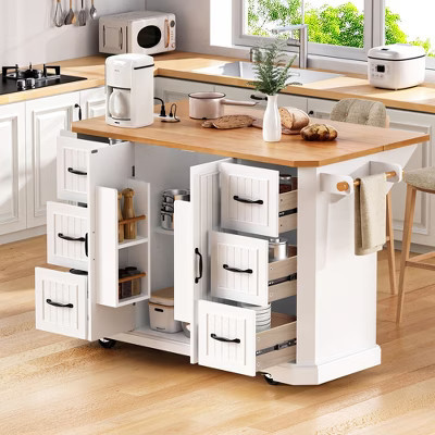 56" Kitchen Island with Rubber Wood Veneer, Drop Leaf, Power Outlet, 6 Drawers, Vertical Stripe Barn Doors, Rolling Kitchen Cart on 4 Lockable Wheels | Target