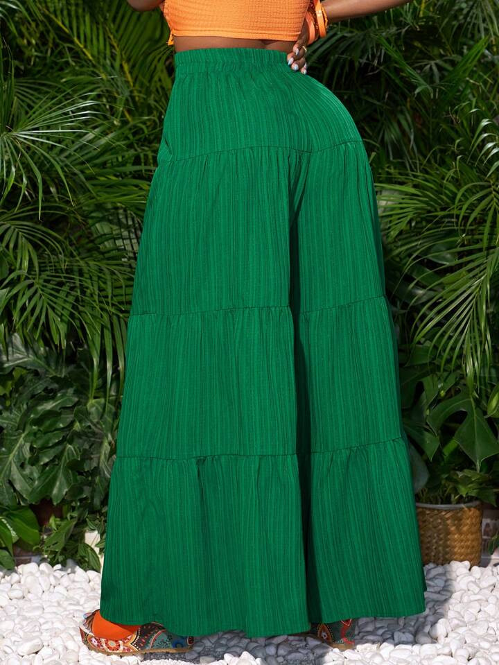 Slaydiva Loose Casual Green Palazzo Pants With Ruffle Hem, Bohemian Vacation Beach Style | SHEIN