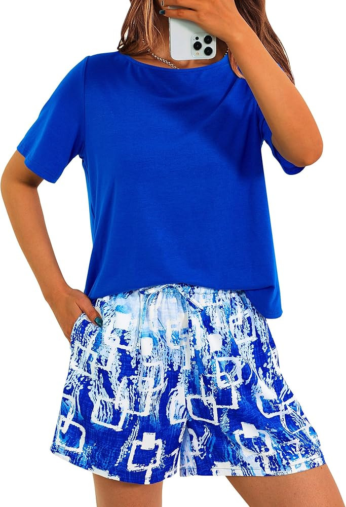 PRETTYGARDEN Women's Summer 2 Piece Outfits Lounge Sets Short Sleeve Tee Shirts Tops Blouses Pock... | Amazon (US)