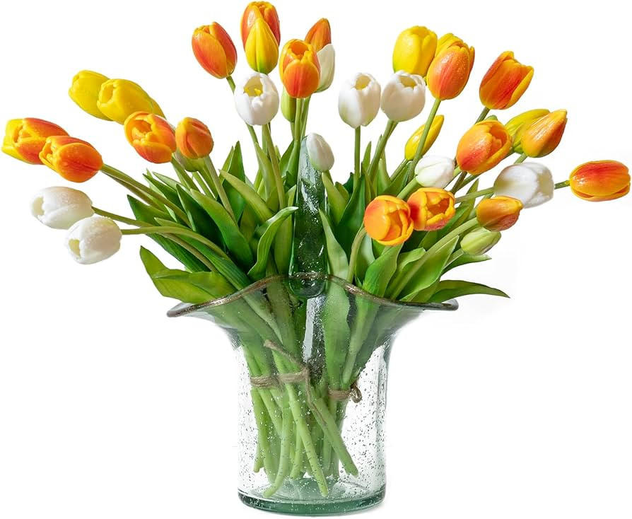 DUYONE 40pcs Artificial Tulips Flowers,Latex Bouquet, Fake Tulips for Office Wedding Party Home K... | Amazon (US)