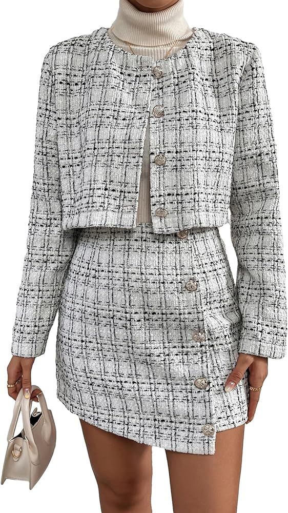 Verdusa Women's 2 Piece Outfit Plaid Print Crop Tweed Jacket and Bodycon Mini Skirt | Amazon (US)