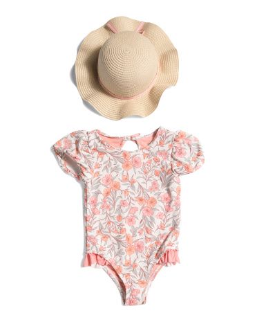 Toddler Girls Printed One-piece Swimsuit With Hat | TJ Maxx