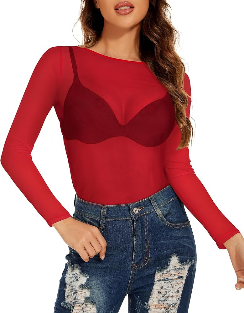 Women's Mesh Tops See Through Shirts Long Sleeve Bodycon Sheer Blouse Clubwear | Amazon (US)