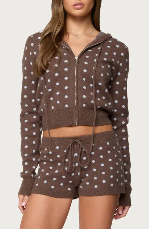 EDIKTED Kenny Polka Dot Knit Hooded Jacket in Brown at Nordstrom, Size X-Small | Nordstrom