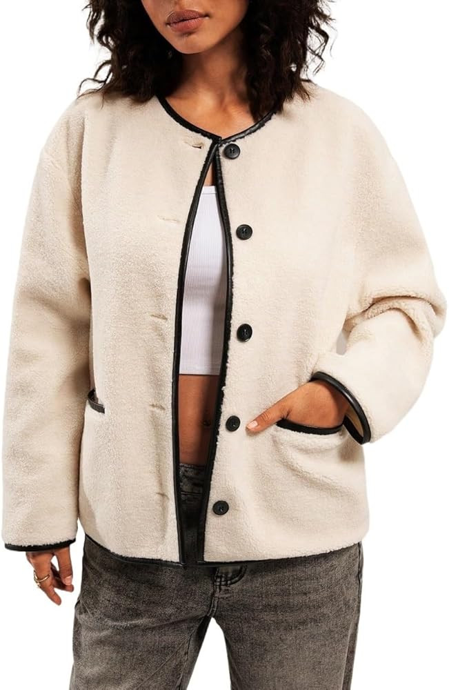 Casual jackets for women Women Casual Contrast Teddy Fleece Regular Jacket | Amazon (US)