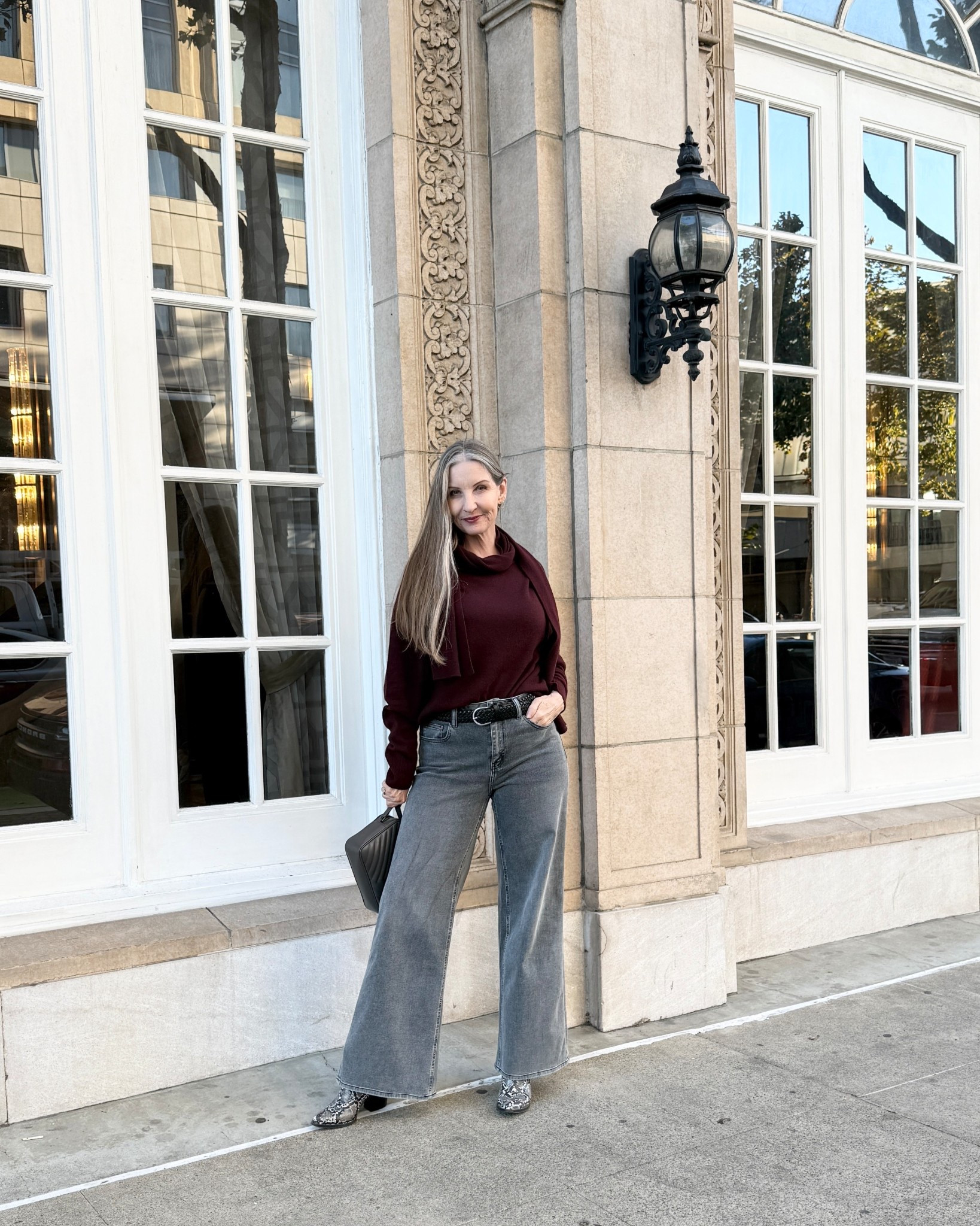 Rich burgundy cashmere sweater, affordable price & flattering wide leg jeans, true to size. #styleover40 #styleover50 #sustainablestyle #widelegjeans #grayjeans #cashmere #affordableluxury #winterootd #burgundy #capsulewardrobe #minimalistfashion #lessismore 

#LTKMidsize #LTKOver40 #LTKSeasonal
