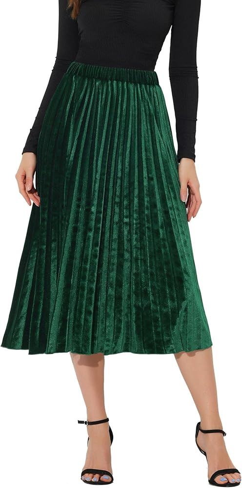 Allegra K Women's Party High Elastic Waist Velvet Pleated Midi Skirt | Amazon (US)