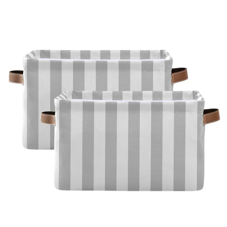 2 Pack Storage Bins with Handle Fabric Organizer Basket Foldable Box Silver Gray and White Stripe... | Walmart (US)