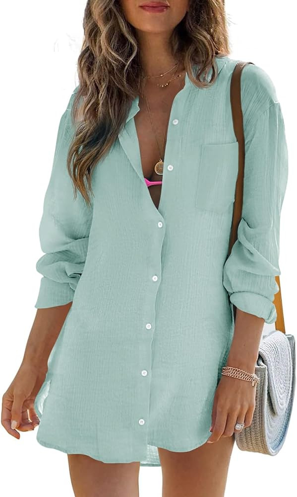 Womens Beach Cover Up Button Down Shirts Summer Cotton Gauze Tops Long Sleeve Bikini Swimsuit | Amazon (US)