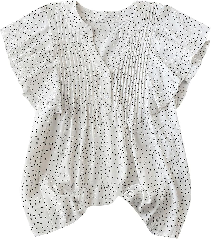 MakeMeChic Women's Polka Dots Blouses Notched Ruffle Short Sleeve Pleated Summer Shirt | Amazon (US)