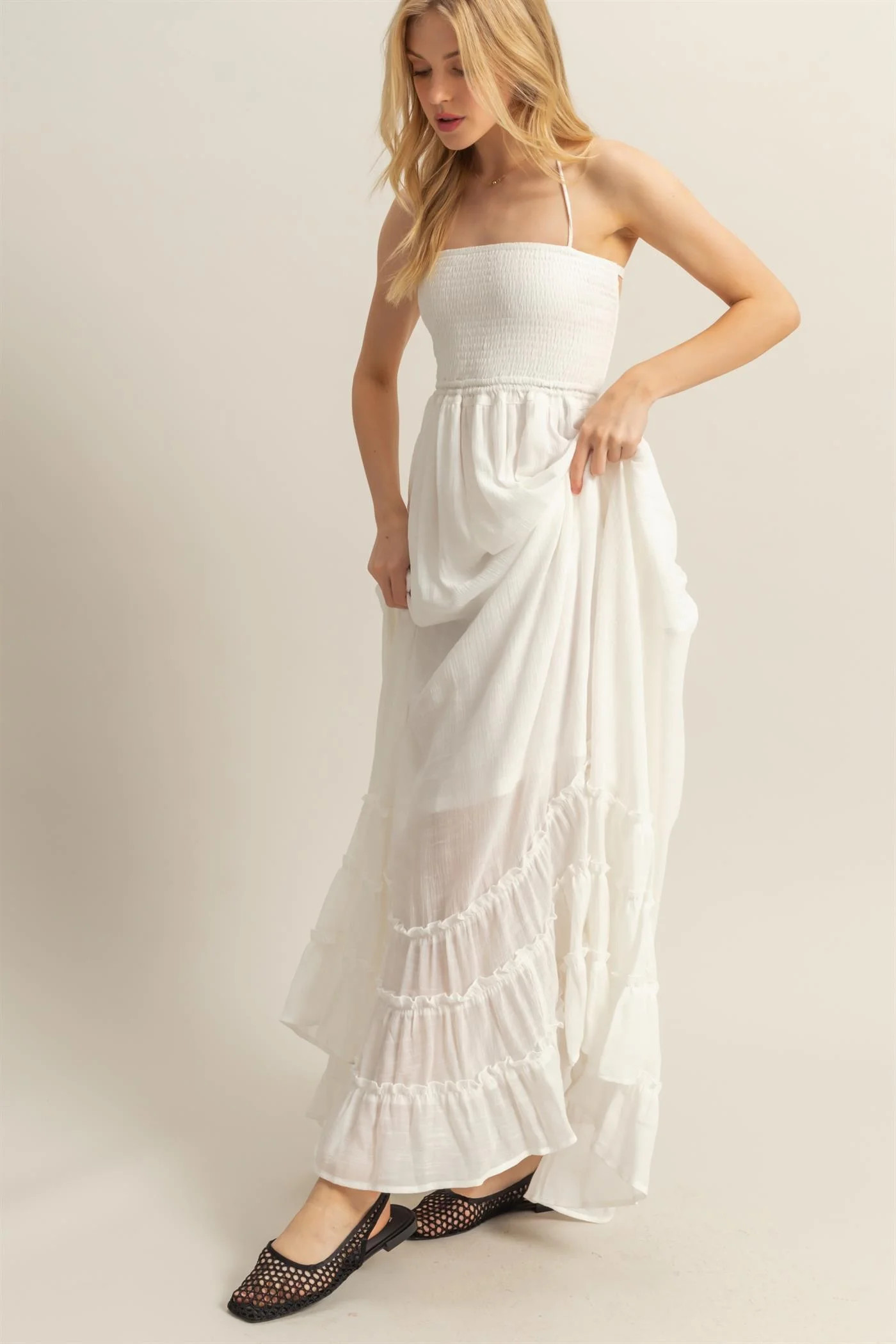 White Halter Neck Smocked Tiered Hem Maxi Dress | PinkBlush Maternity