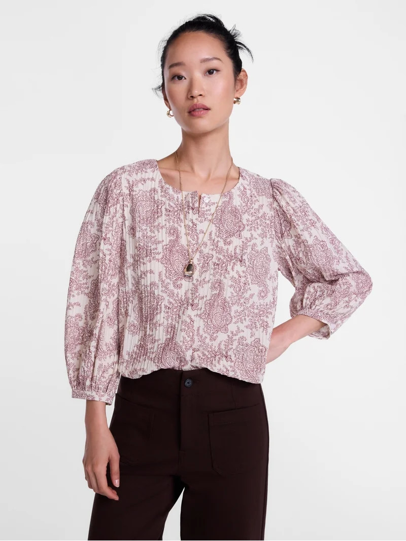 Scenario Women's and Women's Plus Blouse with 3/4-Length Puff Sleeves, Sizes XS-4X | Walmart (US)