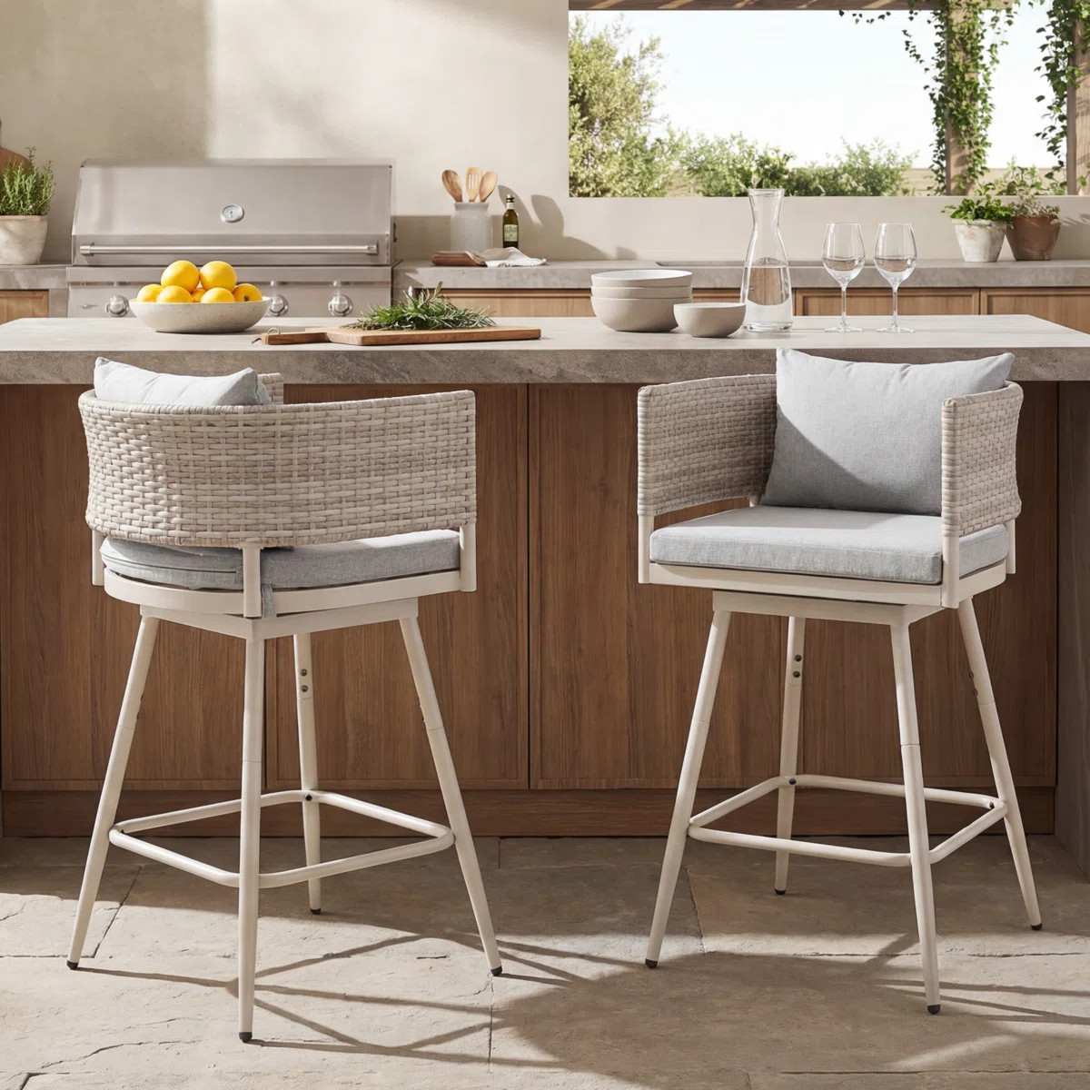 Oversized 28" Swivel Outdoor Bar Stools with Cushions, All-Weather Rattan Counter Stools (Set of ... | Wayfair North America